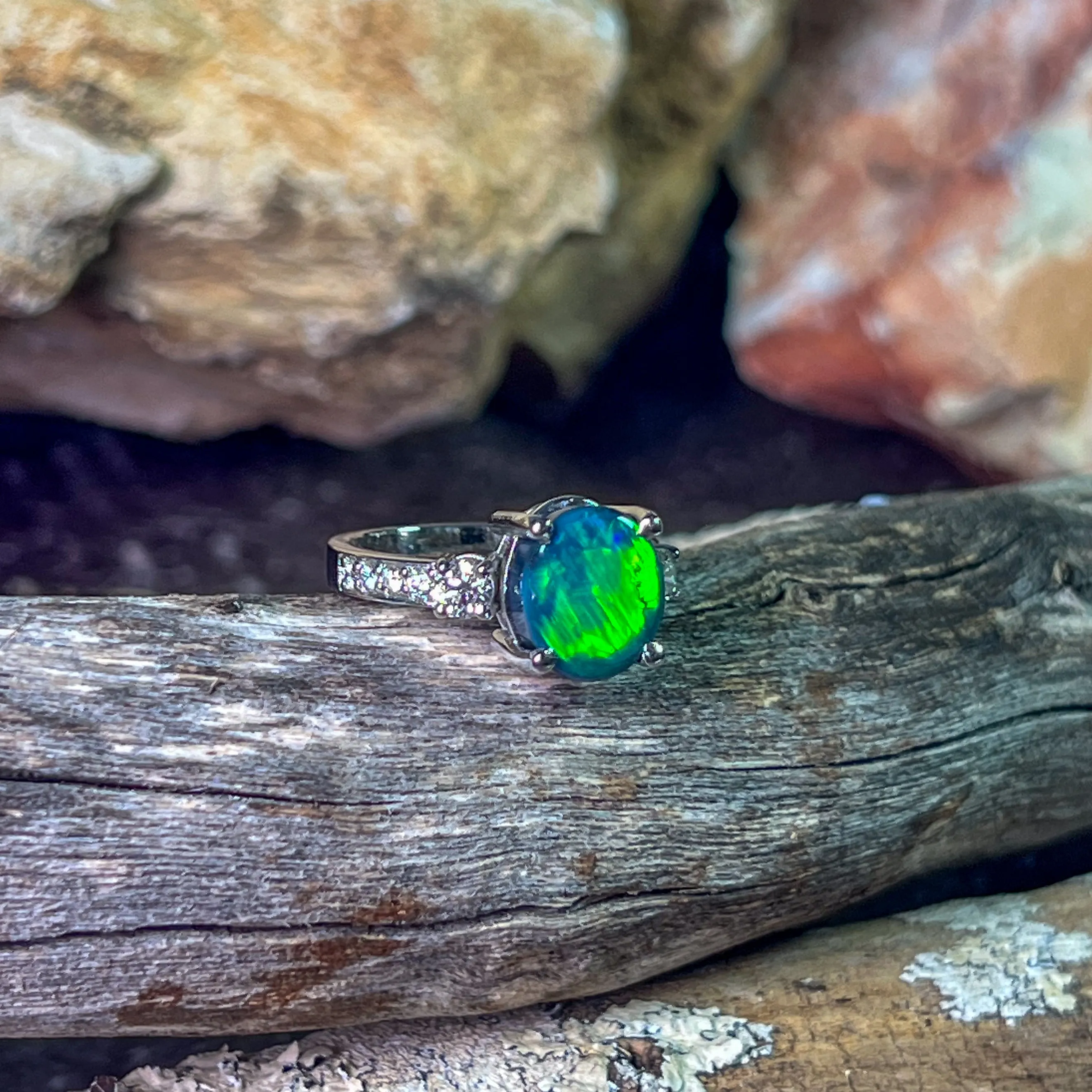 Platinum Black Opal green flash and diamond ring