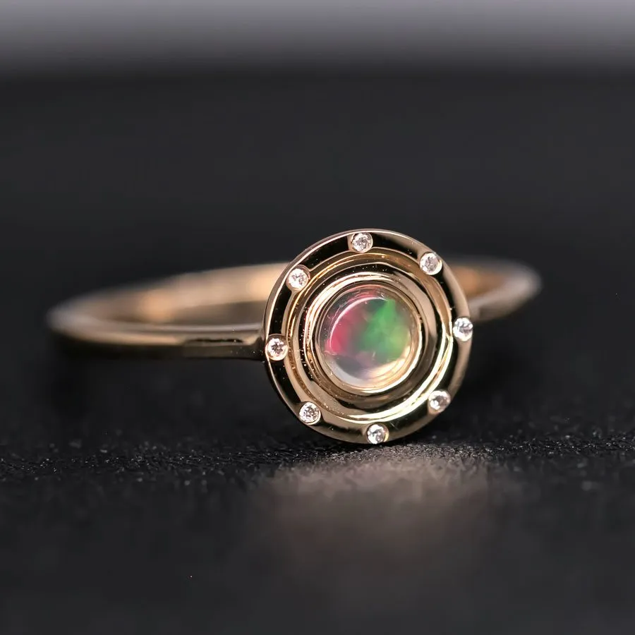 Radiant Halo Mexican Fire Opal Ring with Diamond Accents in 18K Yellow Gold