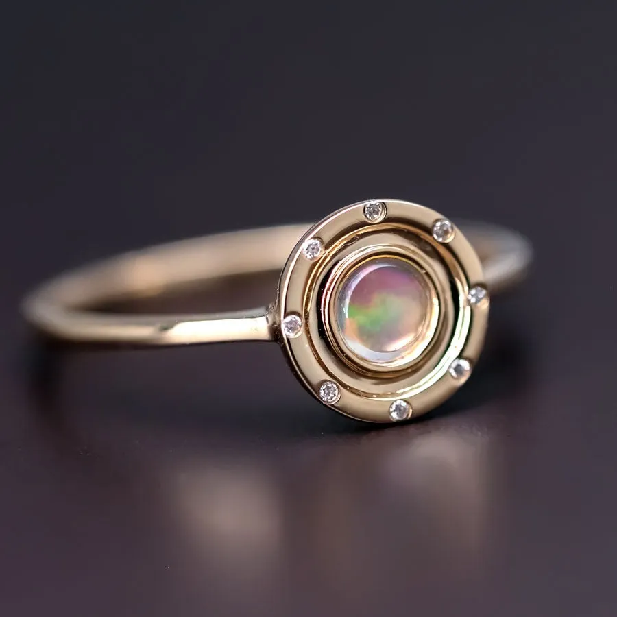 Radiant Halo Mexican Fire Opal Ring with Diamond Accents in 18K Yellow Gold