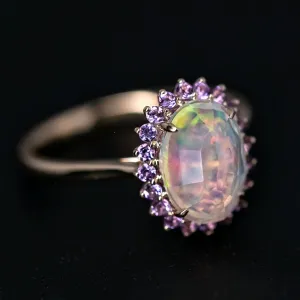 Rare Faceted Mexican Fire Opal Amethyst Engagement Halo Ring 18K Yellow Gold