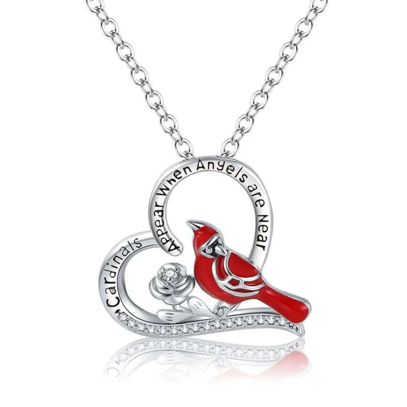 Red Cardinal Bird Heart Pendant Necklace Chain for women female