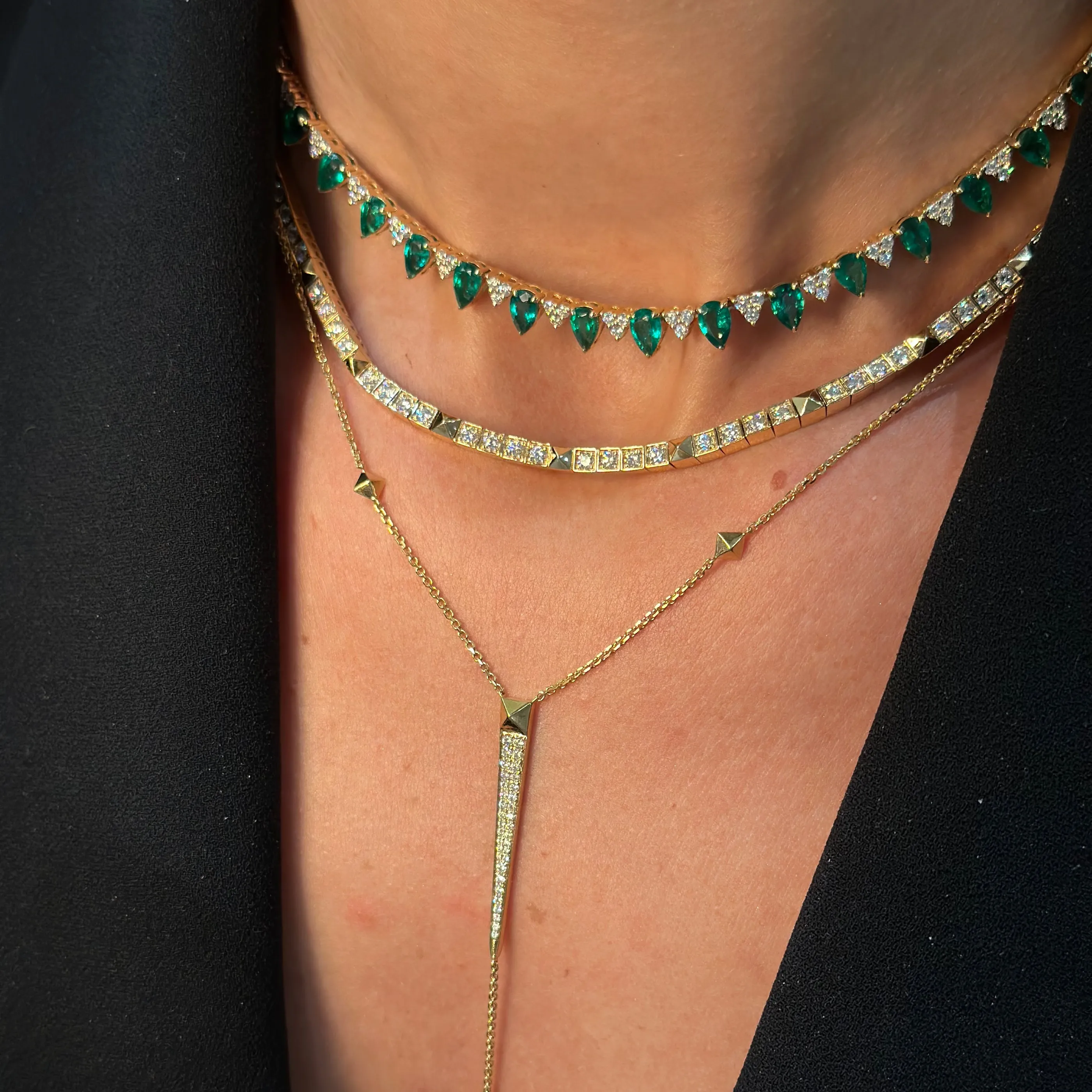 Riviera Pear Cut Emerald Gemstone and Diamond Necklace | 18K Yellow Gold