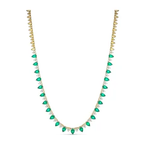 Riviera Pear Cut Emerald Gemstone and Diamond Necklace | 18K Yellow Gold