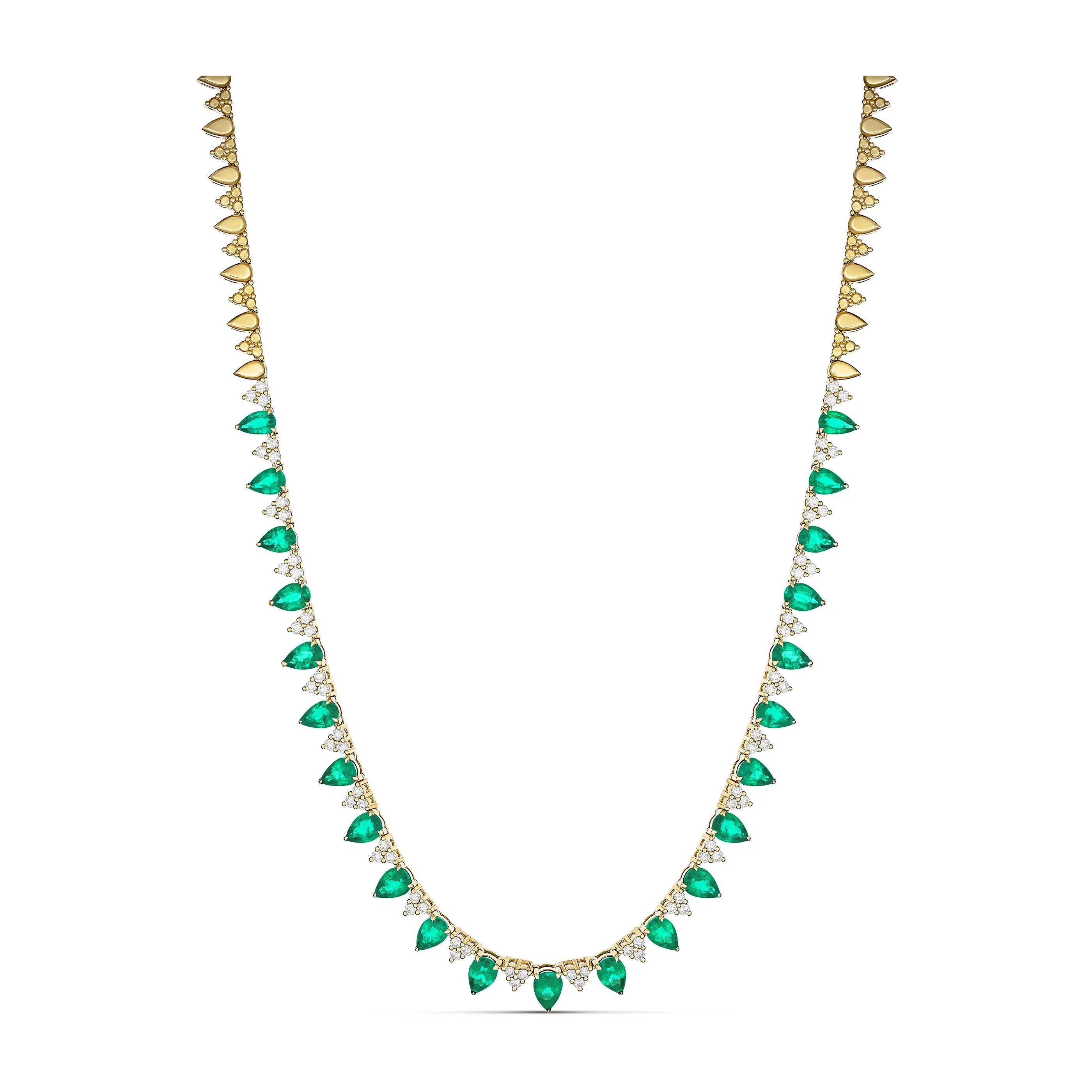 Riviera Pear Cut Emerald Gemstone and Diamond Necklace | 18K Yellow Gold