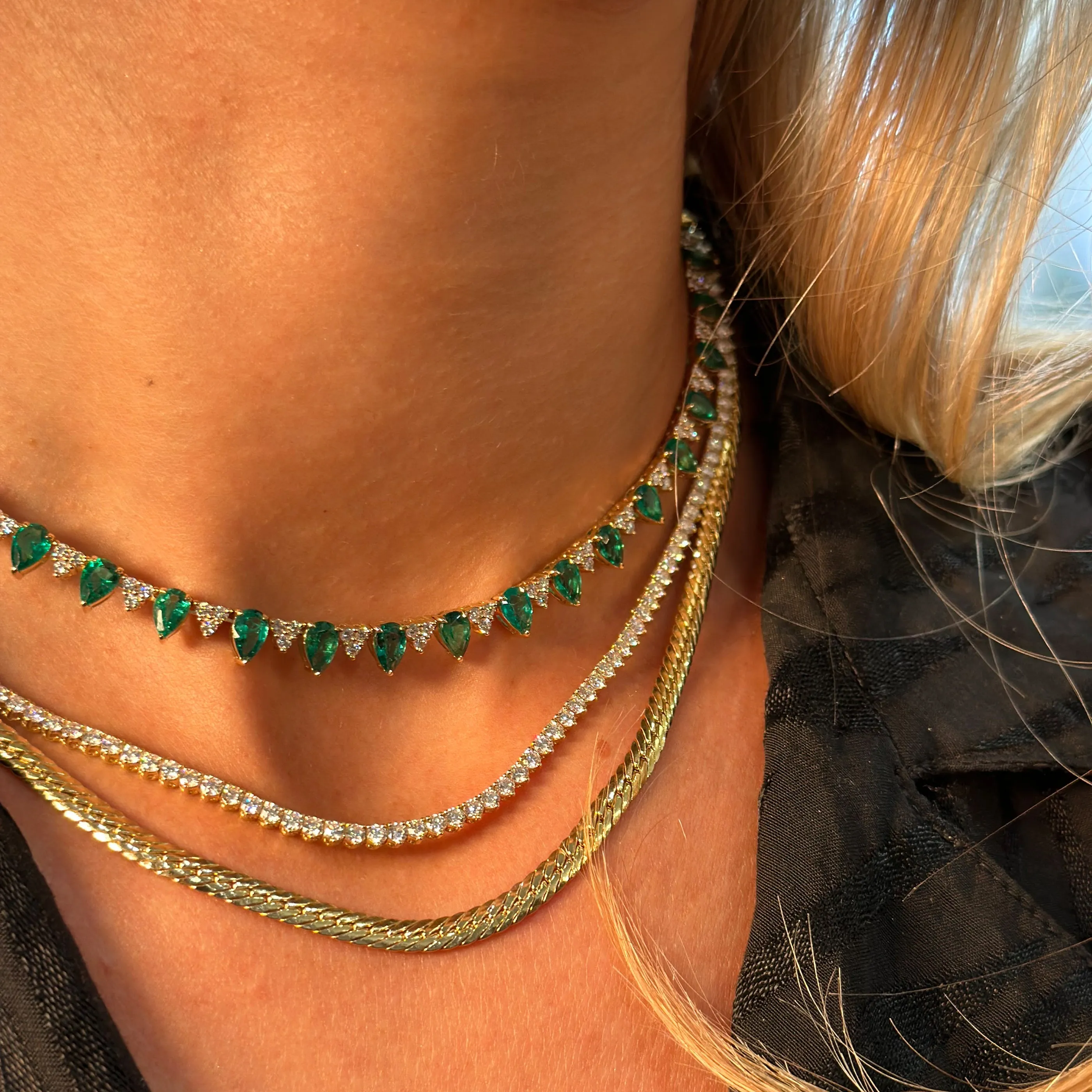 Riviera Pear Cut Emerald Gemstone and Diamond Necklace | 18K Yellow Gold