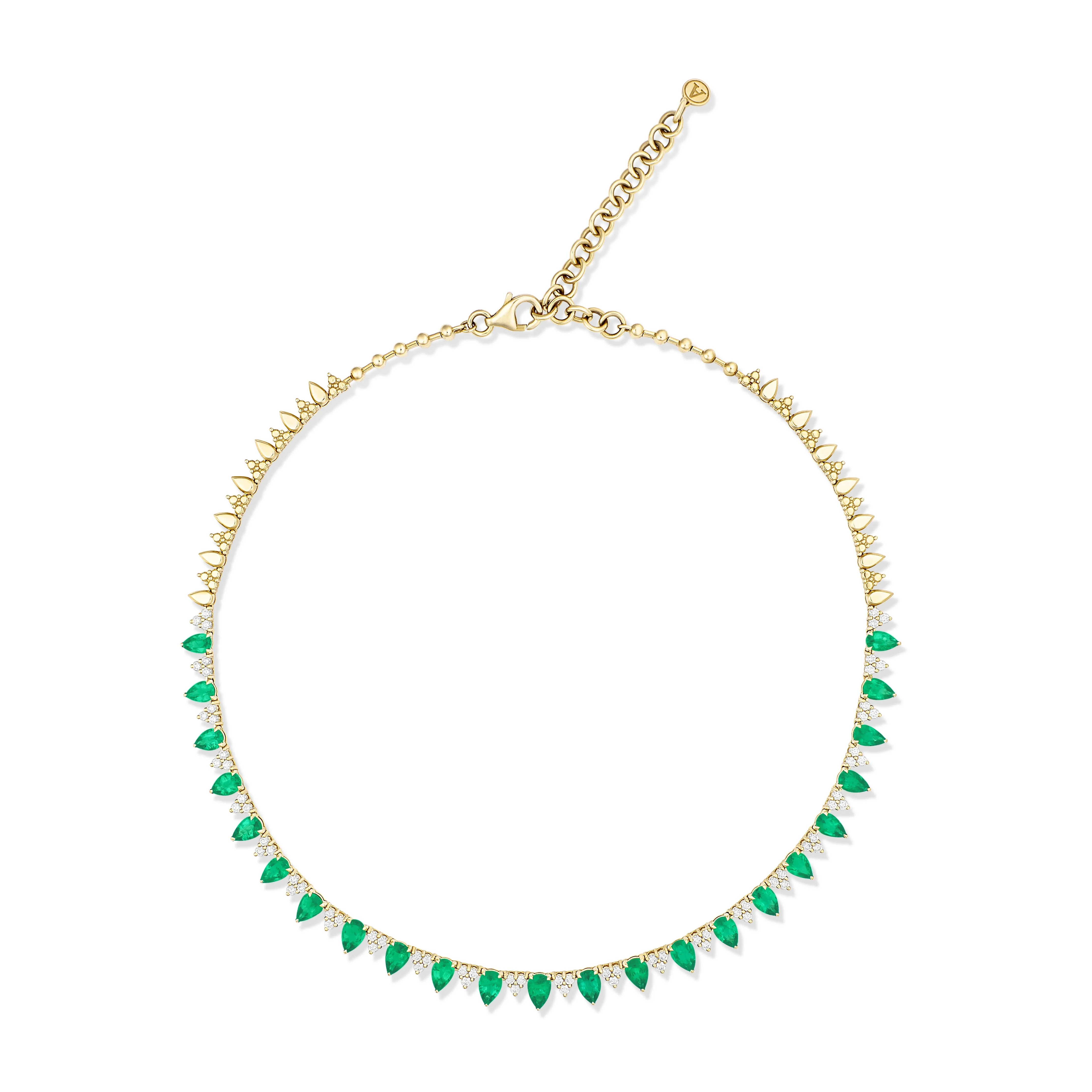 Riviera Pear Cut Emerald Gemstone and Diamond Necklace | 18K Yellow Gold