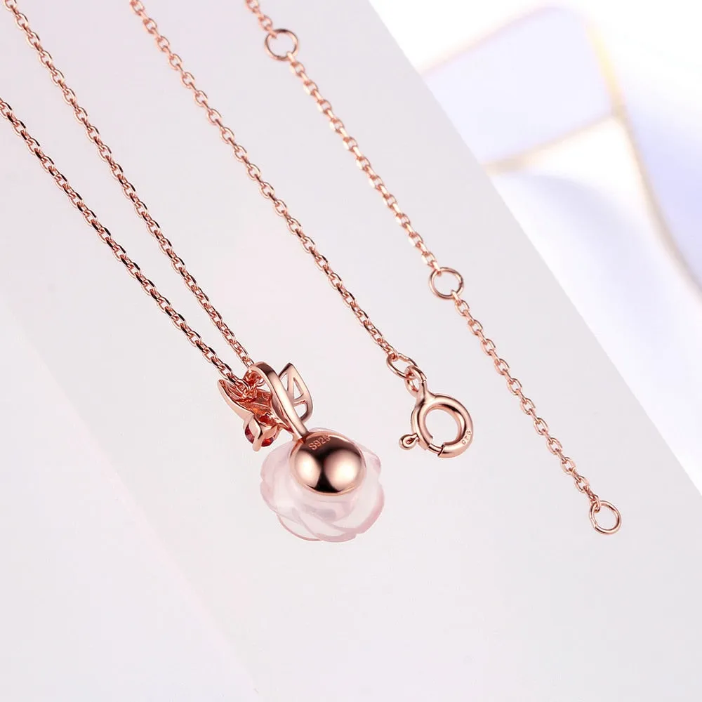 Rose Flower Natural Gemstone Rose Quartz Necklace & Pendant 925 Sterling Silver Gold Plated Fine Jewelry