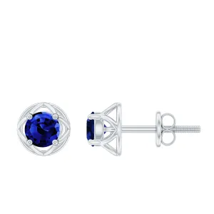 Round Cut Created Blue Sapphire Solitaire Floral Stud Earrings