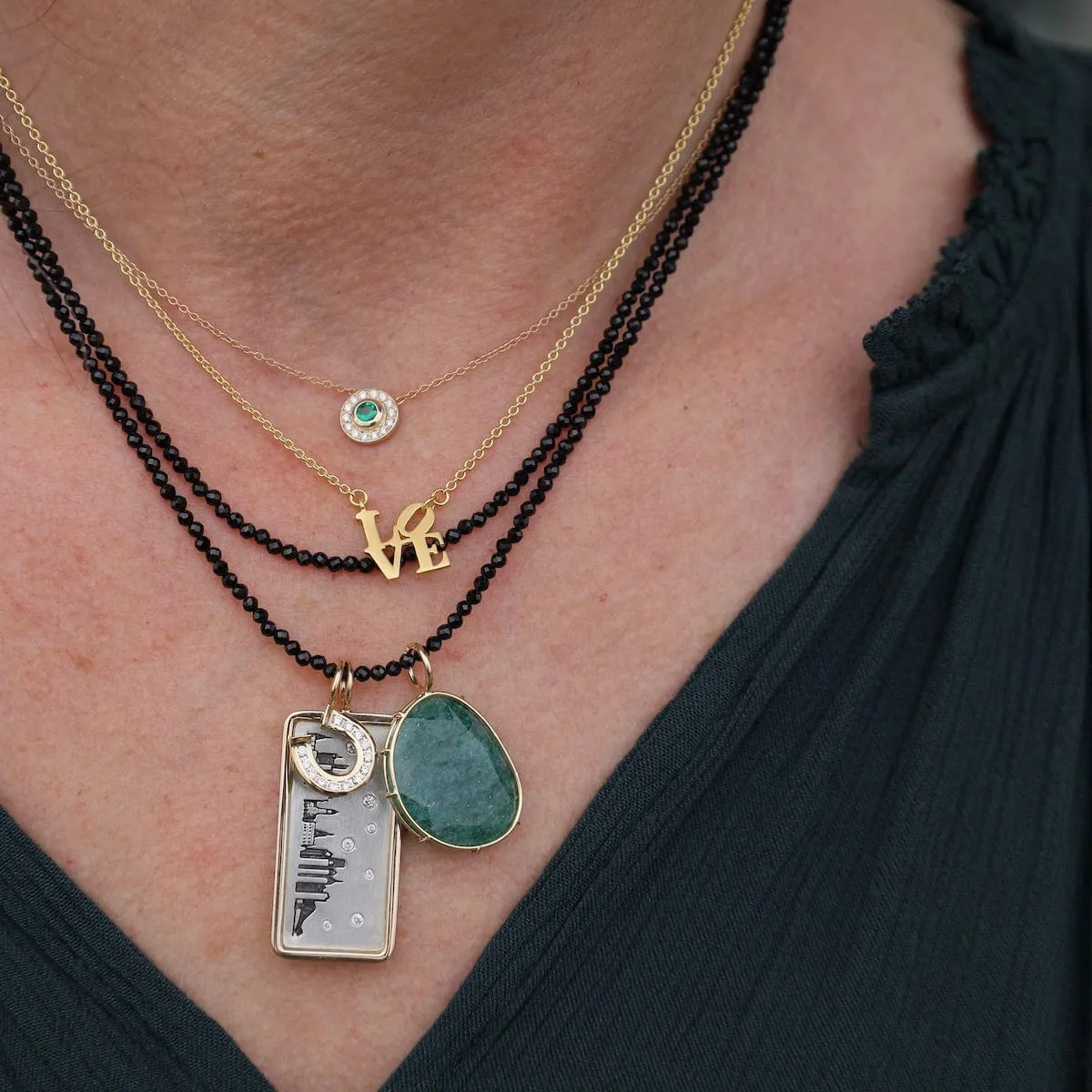 Round Emerald & Diamond Halo Necklace