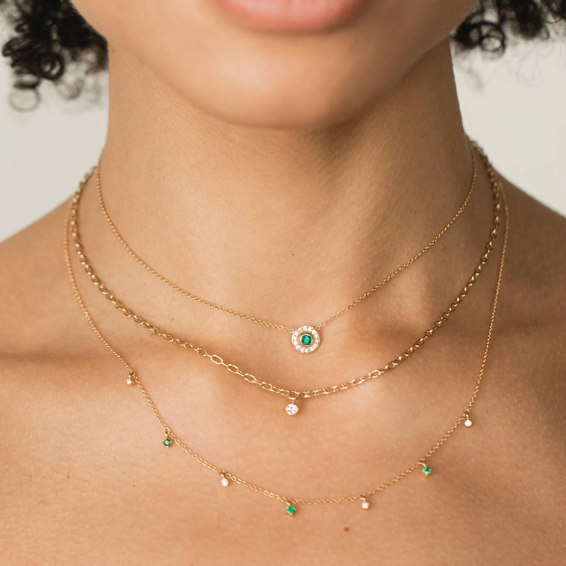 Round Emerald & Diamond Halo Necklace