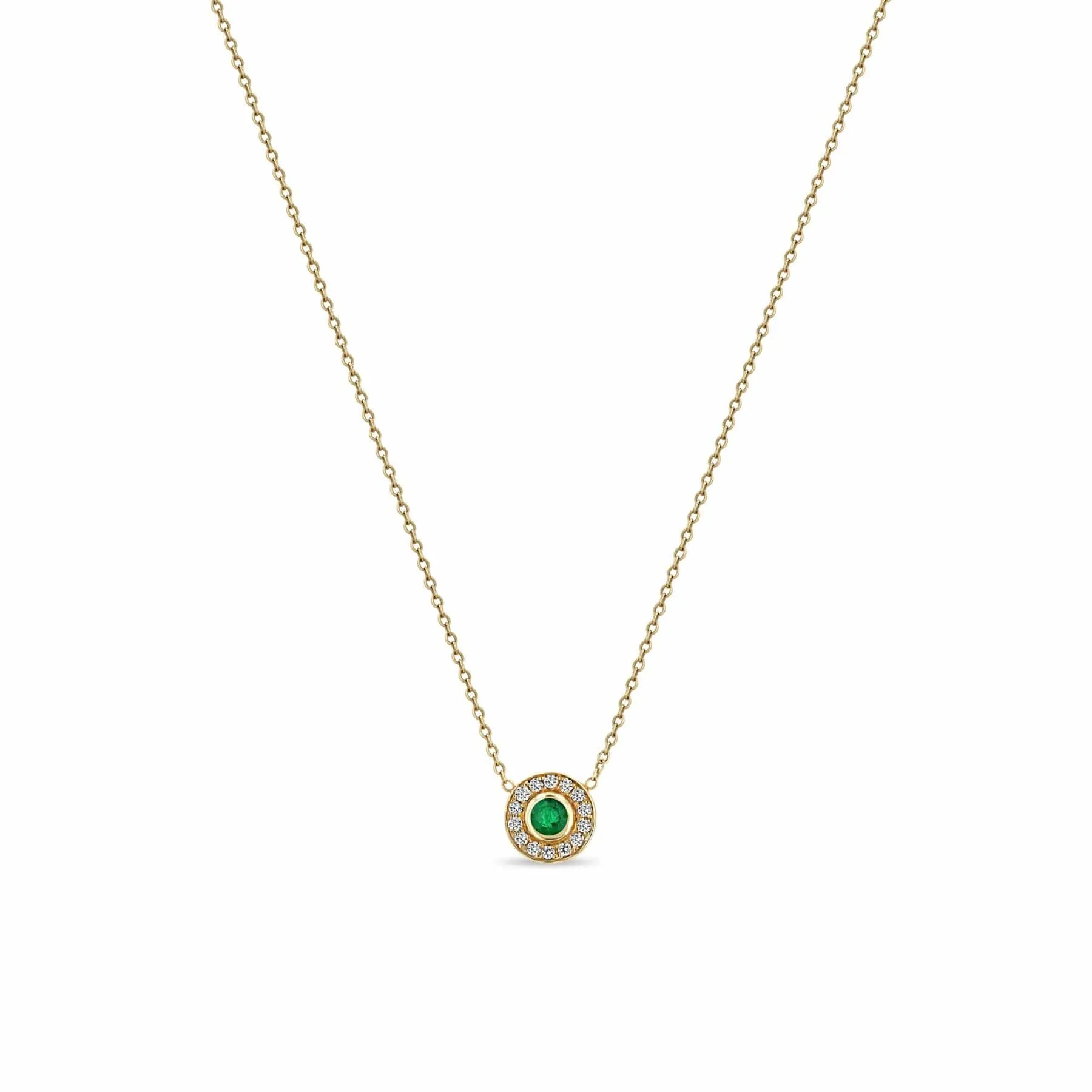 Round Emerald & Diamond Halo Necklace