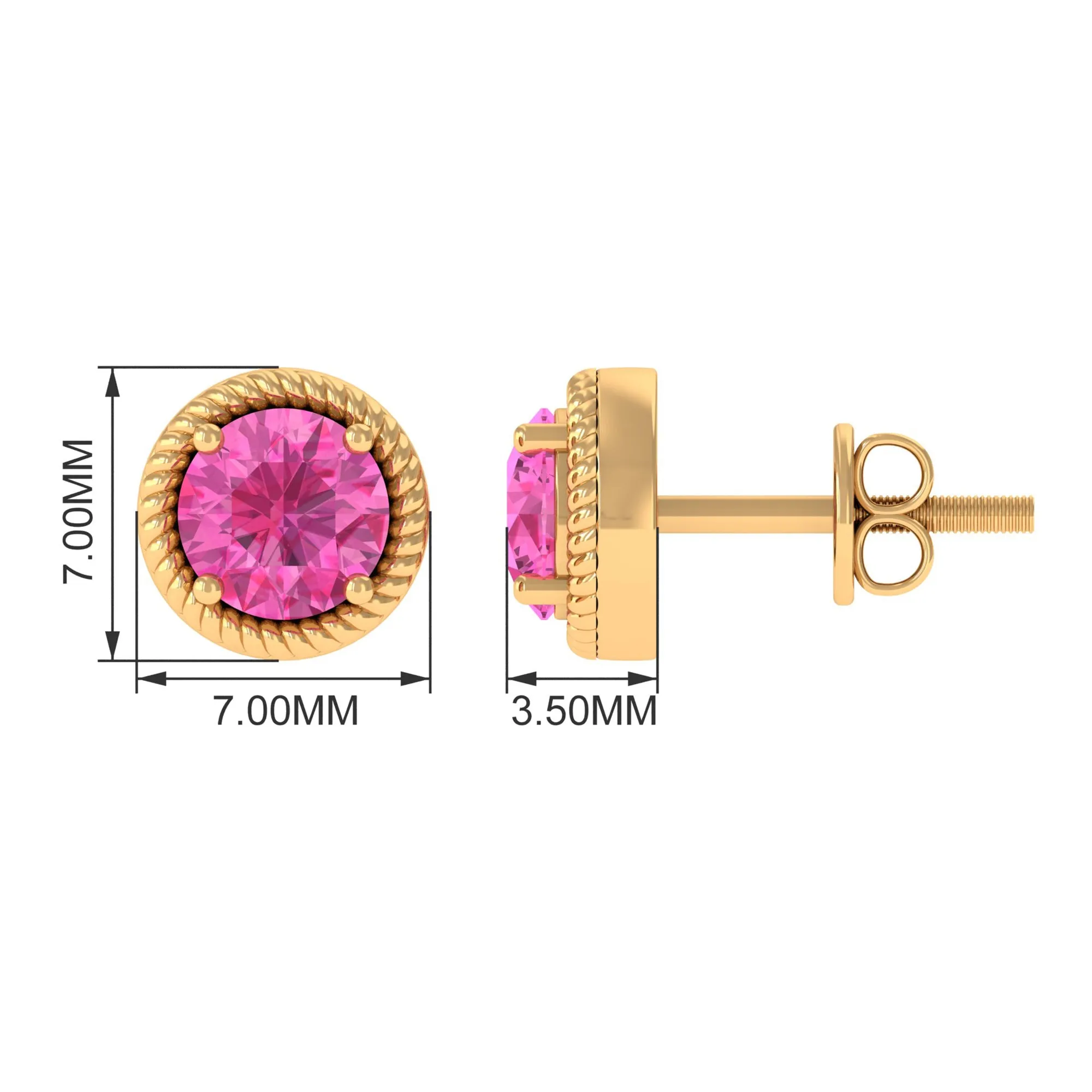 Round Pink Sapphire Solitaire Stud Earrings in Rope Frame