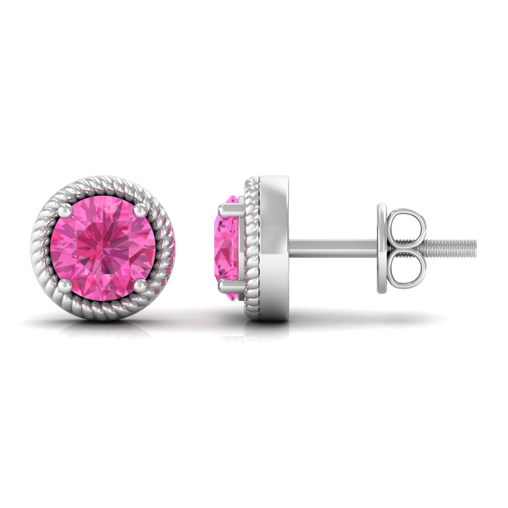 Round Pink Sapphire Solitaire Stud Earrings in Rope Frame