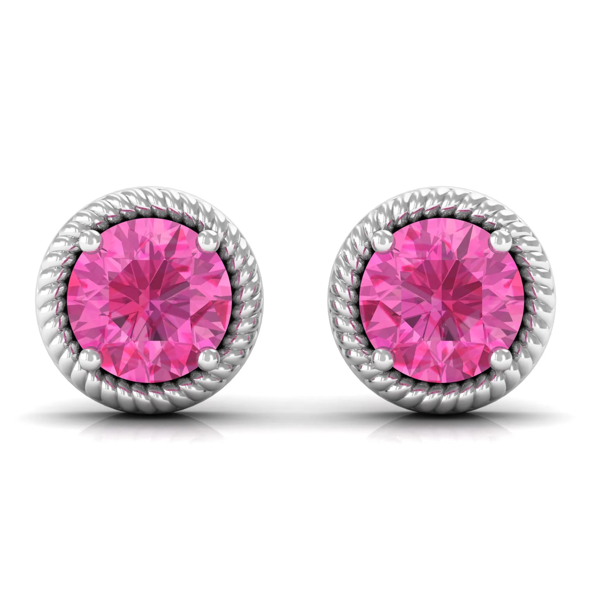 Round Pink Sapphire Solitaire Stud Earrings in Rope Frame