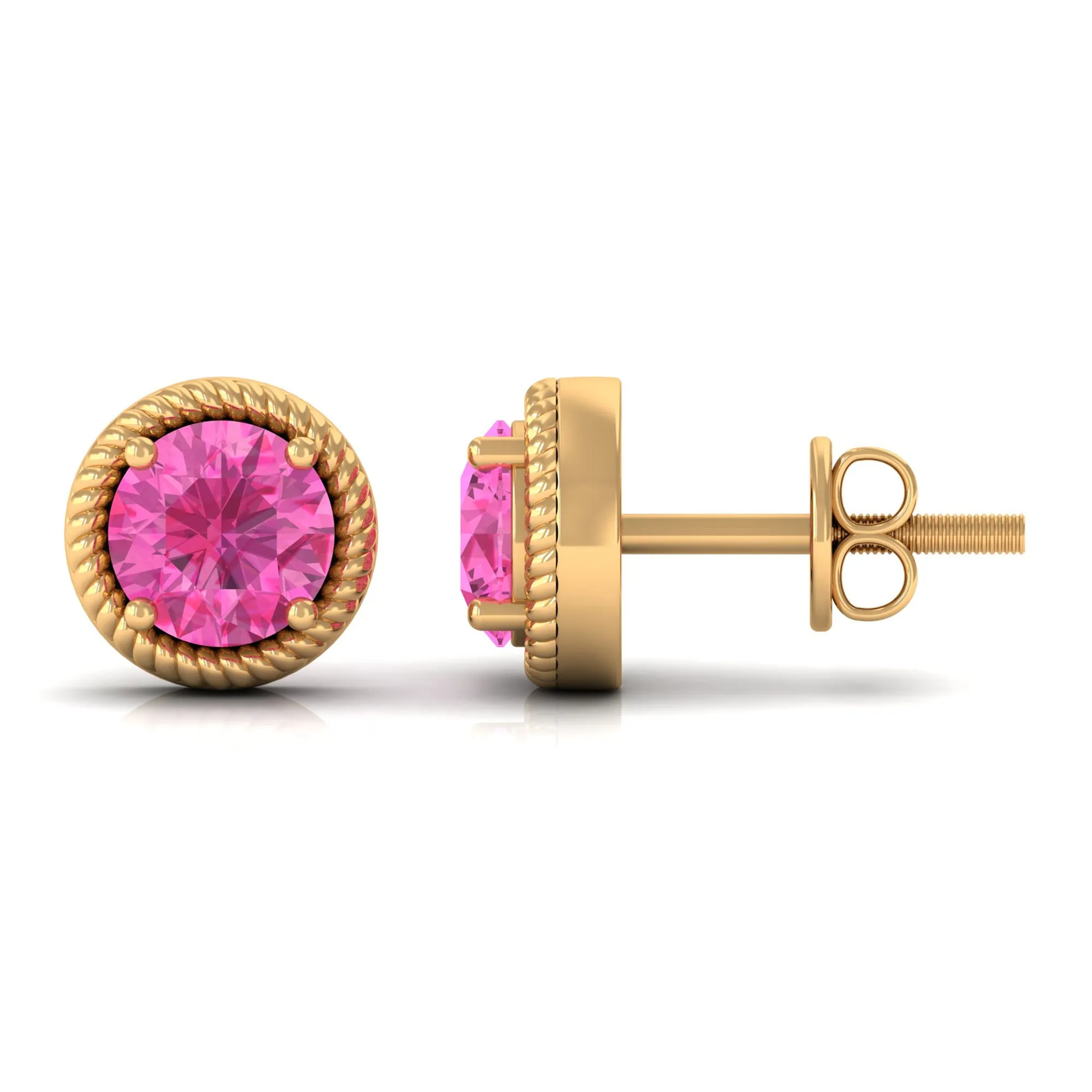 Round Pink Sapphire Solitaire Stud Earrings in Rope Frame