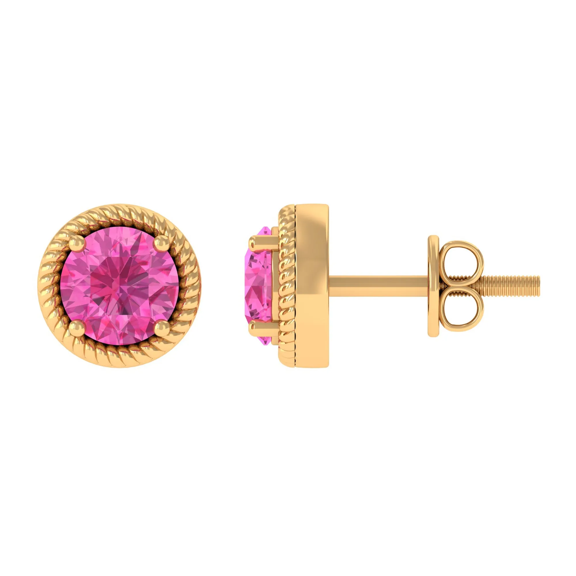 Round Pink Sapphire Solitaire Stud Earrings in Rope Frame