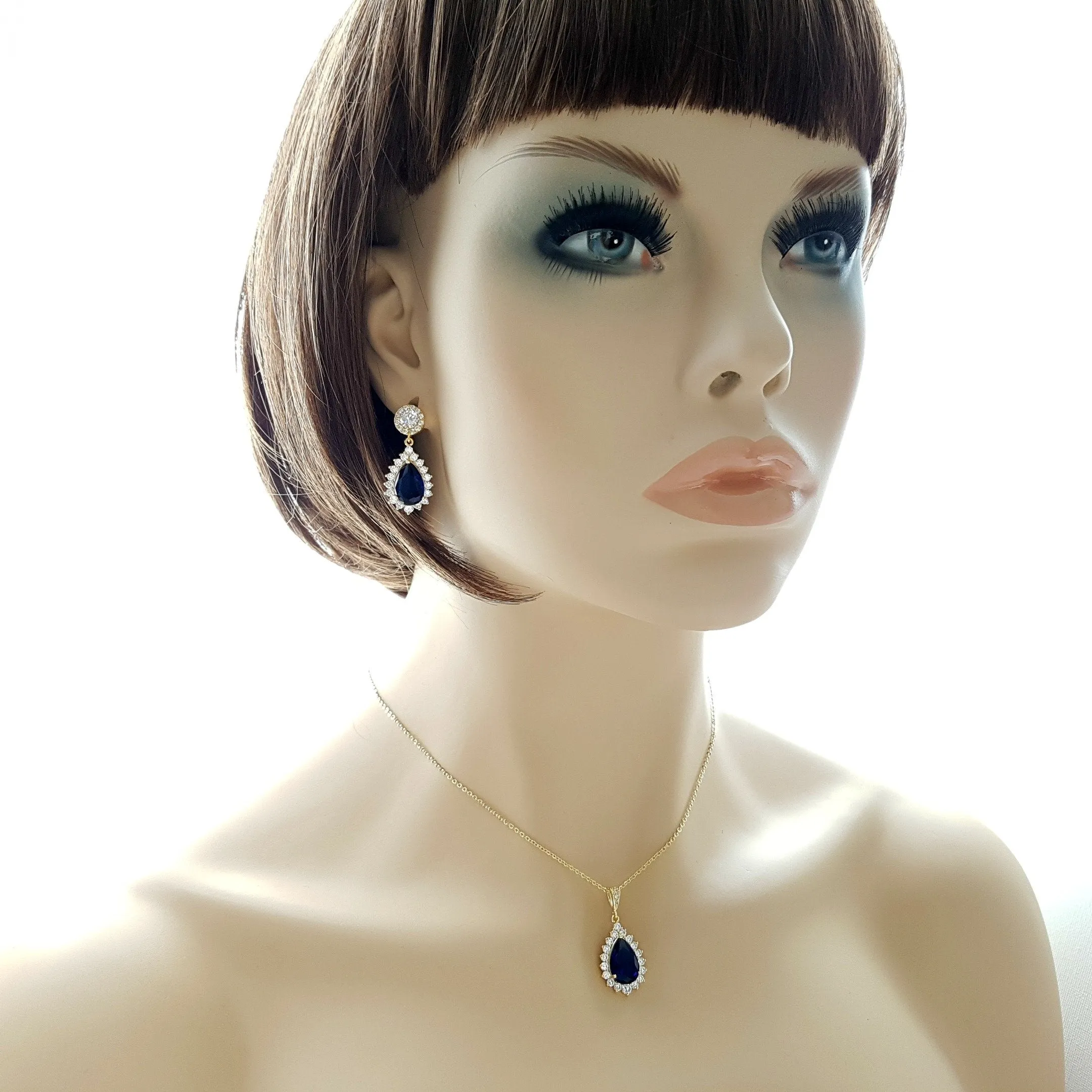 Sapphire Blue Stone Earrings Necklace Set-Aoi