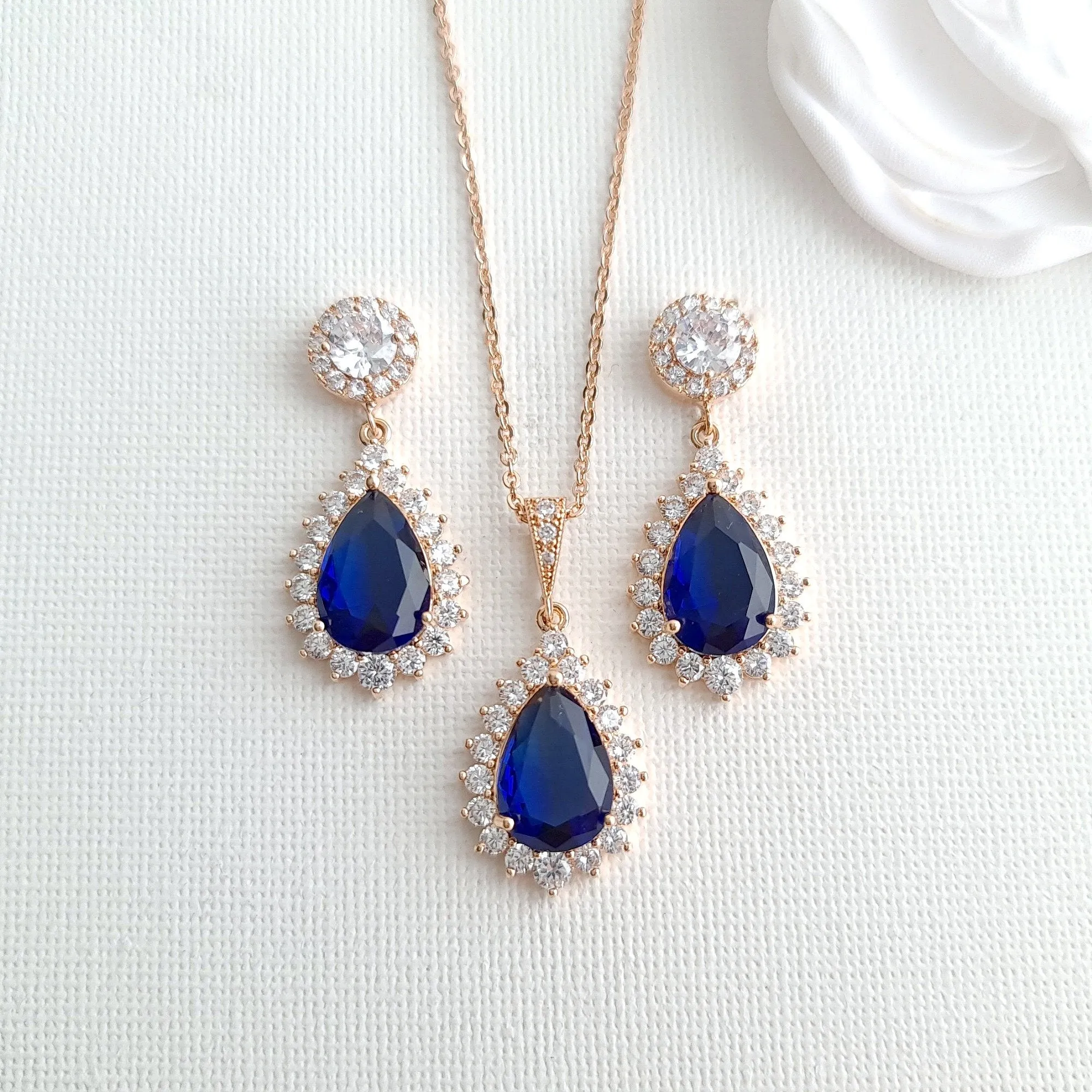 Sapphire Blue Stone Earrings Necklace Set-Aoi