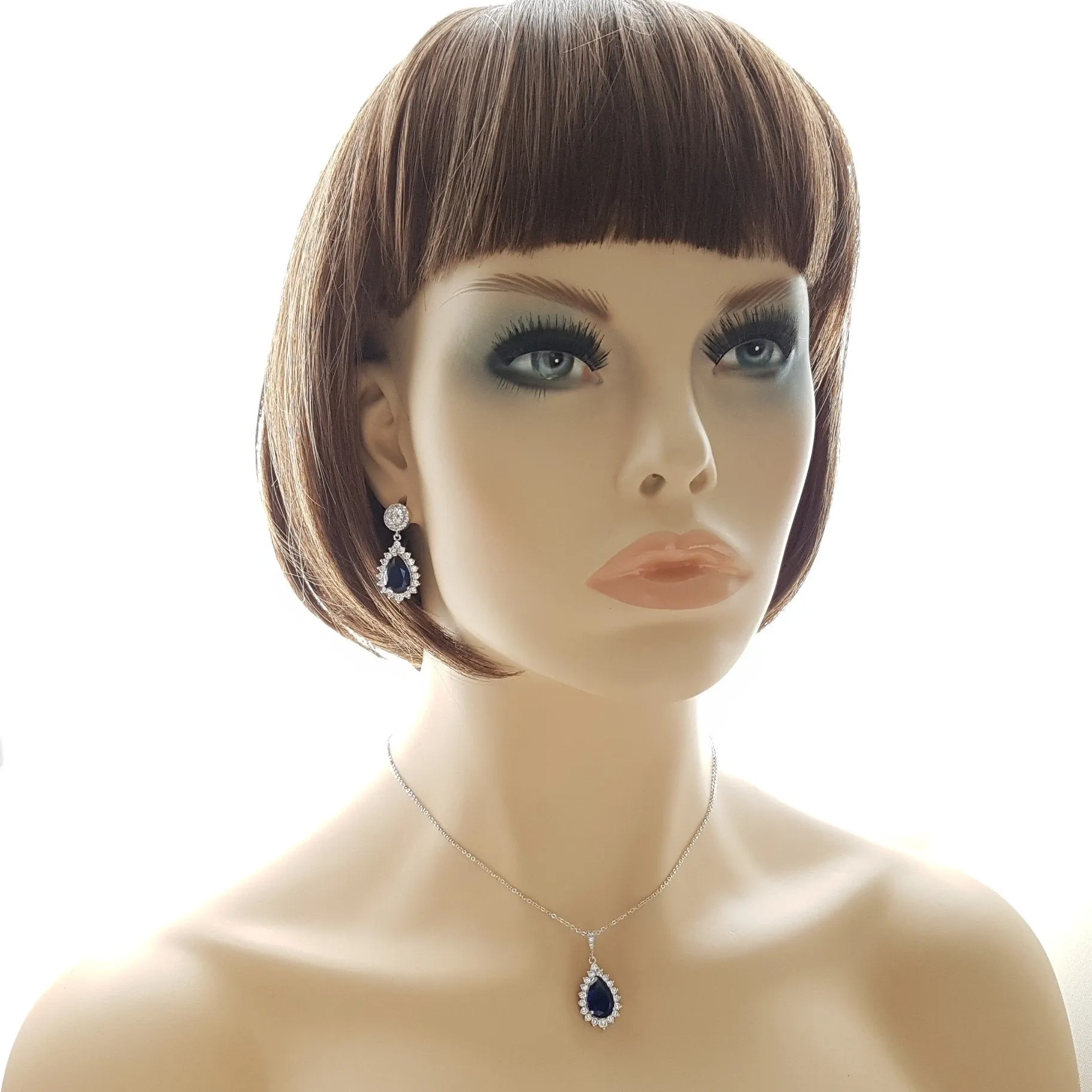 Sapphire Blue Stone Earrings Necklace Set-Aoi