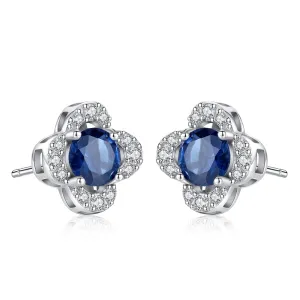 Sapphire Gemstone 925 Sterling Silver Flower Stud Earrings