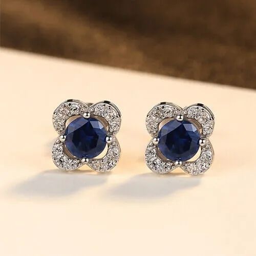 Sapphire Gemstone 925 Sterling Silver Flower Stud Earrings