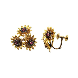 Sapphire Sunflower Screw-Omega-Back Earrings (14K)