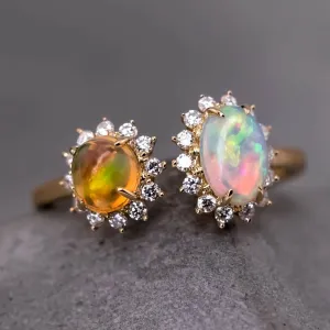 Satin Finish Band Australian Opal & Fire Opal Halo Diamond Ring 18K Gold