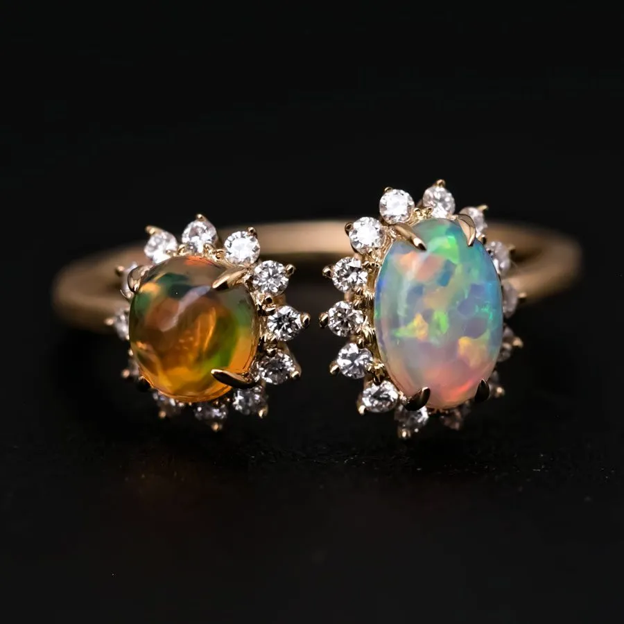 Satin Finish Band Australian Opal & Fire Opal Halo Diamond Ring 18K Gold