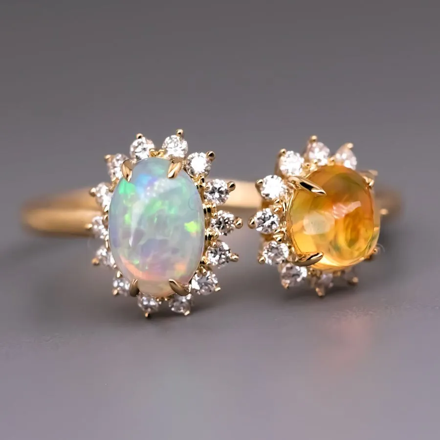 Satin Finish Band Australian Opal & Fire Opal Halo Diamond Ring 18K Gold