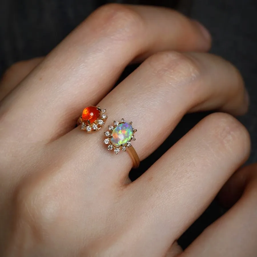 Satin Finish Band Australian Opal & Fire Opal Halo Diamond Ring 18K Gold