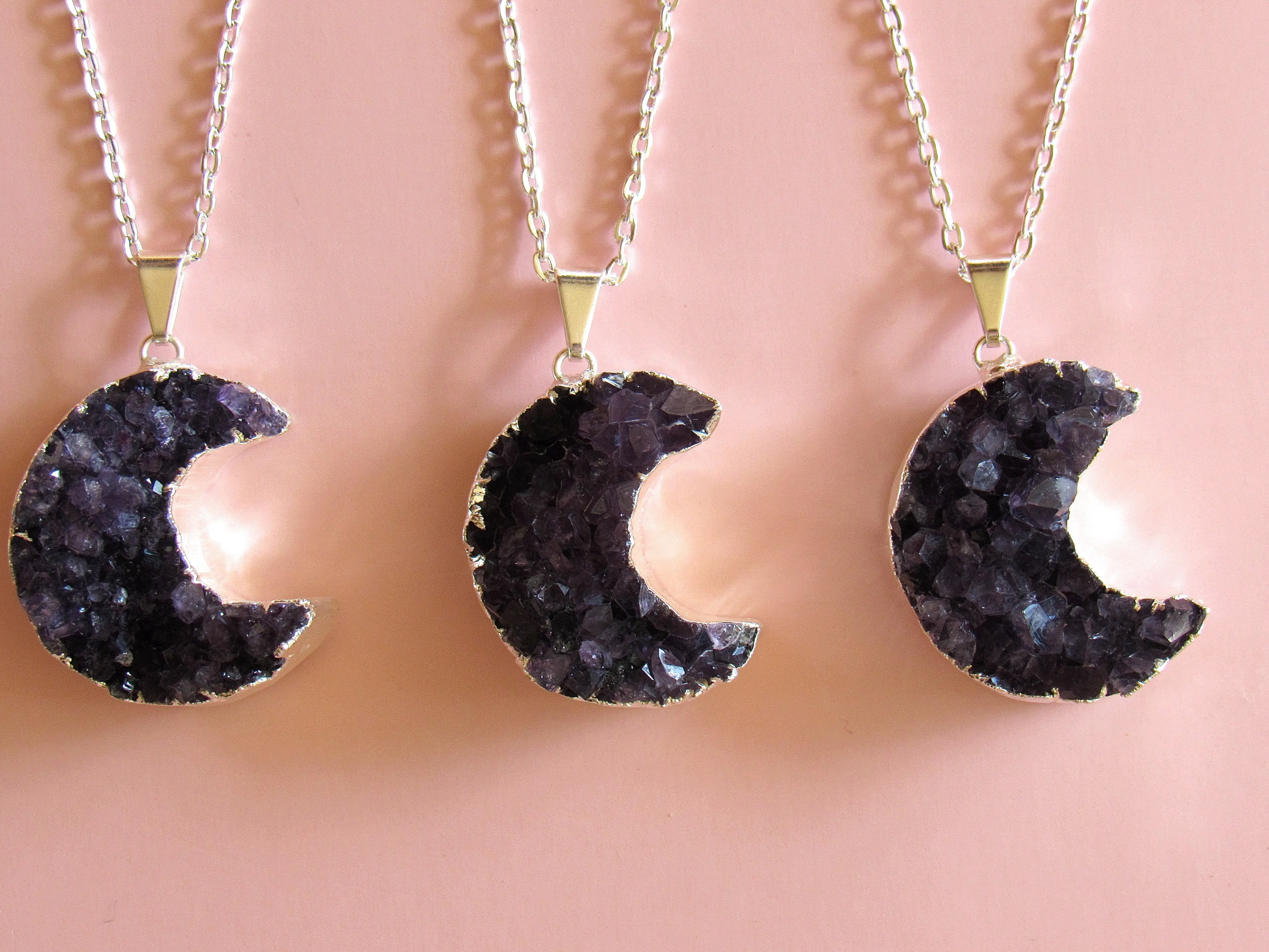 Silver Amethyst Cluster Moon Necklaces