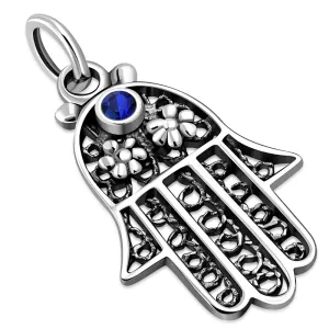 Silver filigree Chamsa Pendantw/ Blue Sapphire Swarovski