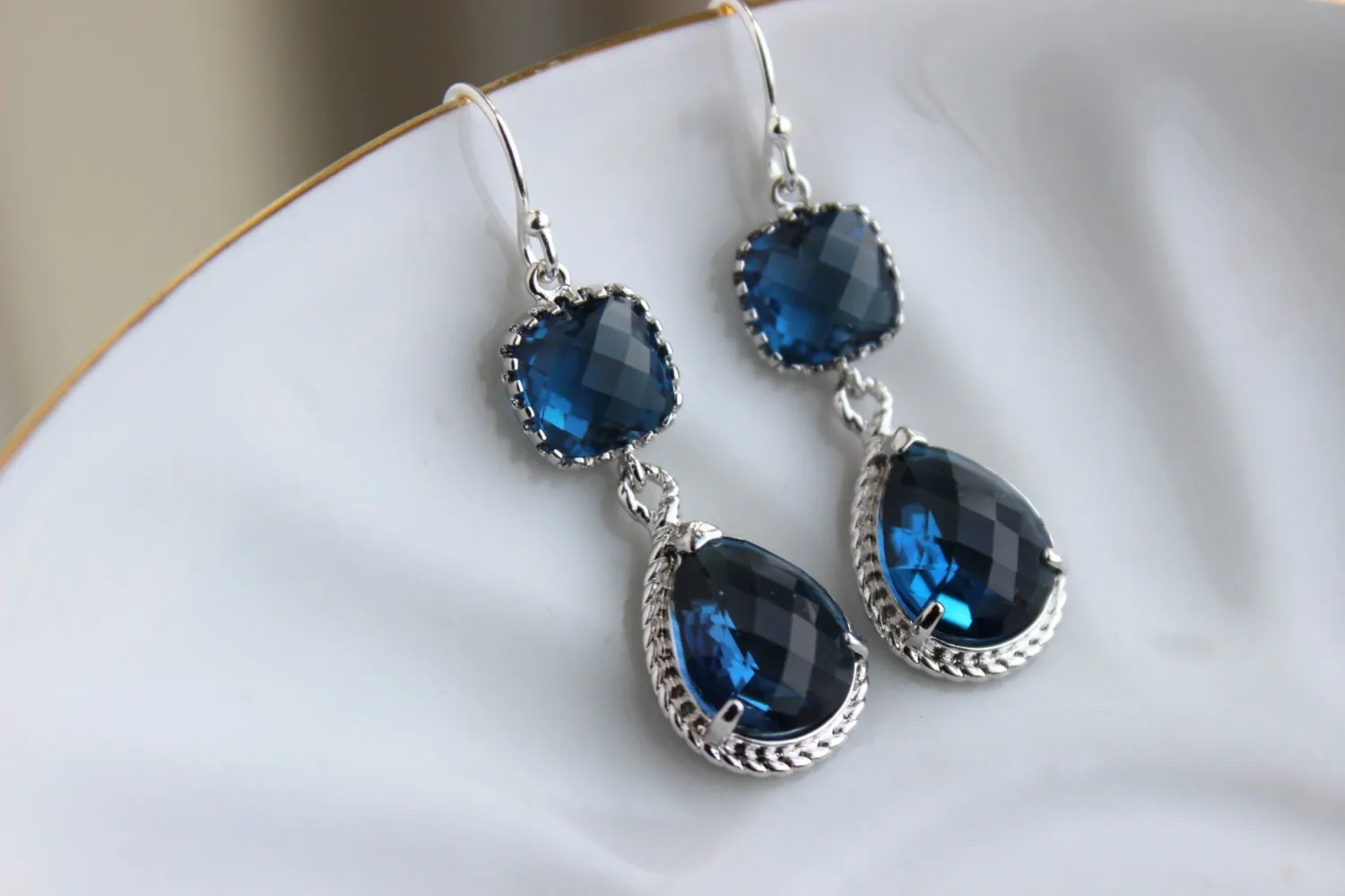 Silver Sapphire Earrings Navy Blue Jewelry Teardrop Glass Two Tier - Sapphire Bridesmaid Earrings Navy Blue Wedding Jewelry - Something Blue