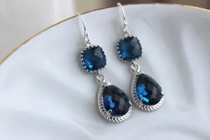 Silver Sapphire Earrings Navy Blue Jewelry Teardrop Glass Two Tier - Sapphire Bridesmaid Earrings Navy Blue Wedding Jewelry - Something Blue