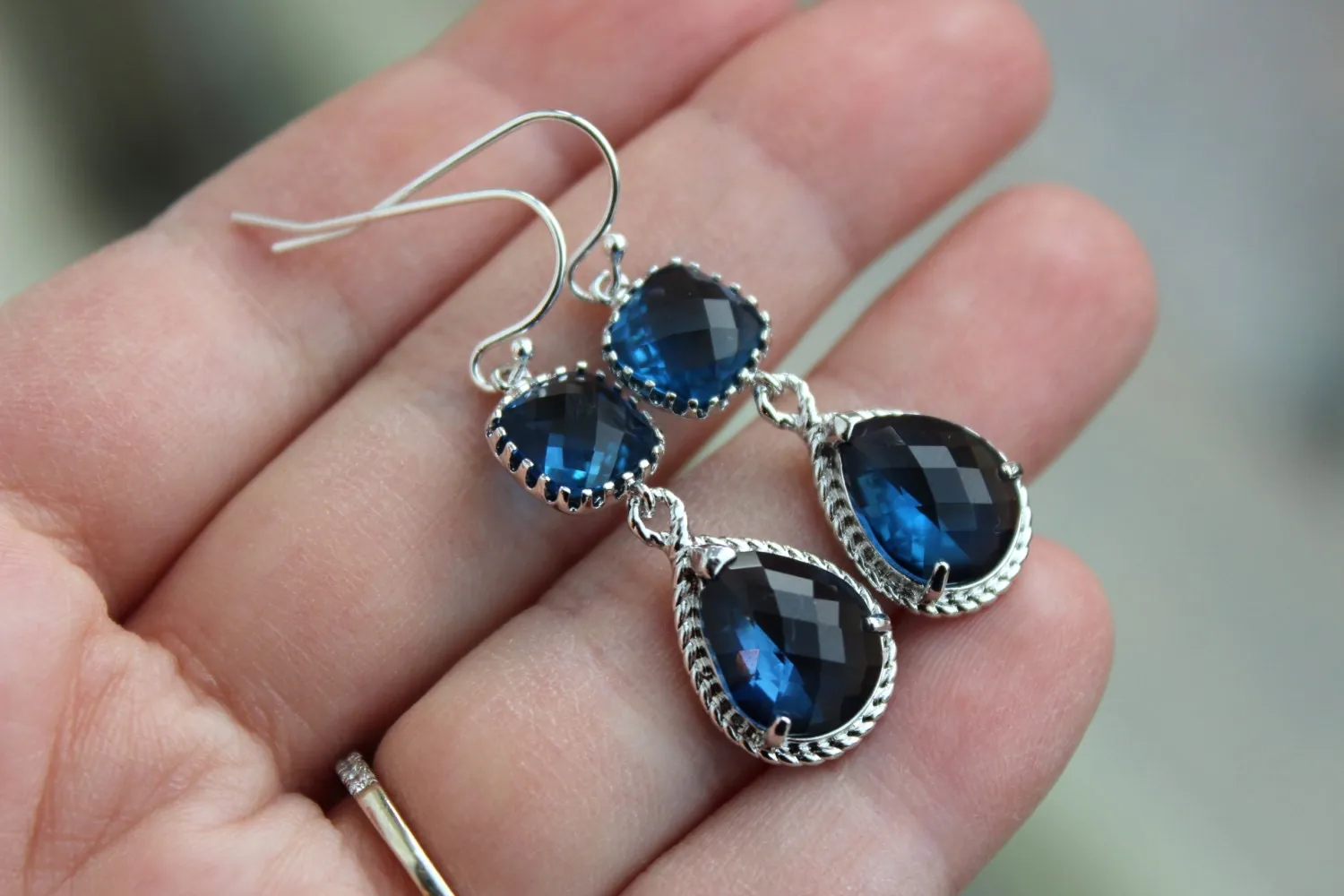 Silver Sapphire Earrings Navy Blue Jewelry Teardrop Glass Two Tier - Sapphire Bridesmaid Earrings Navy Blue Wedding Jewelry - Something Blue