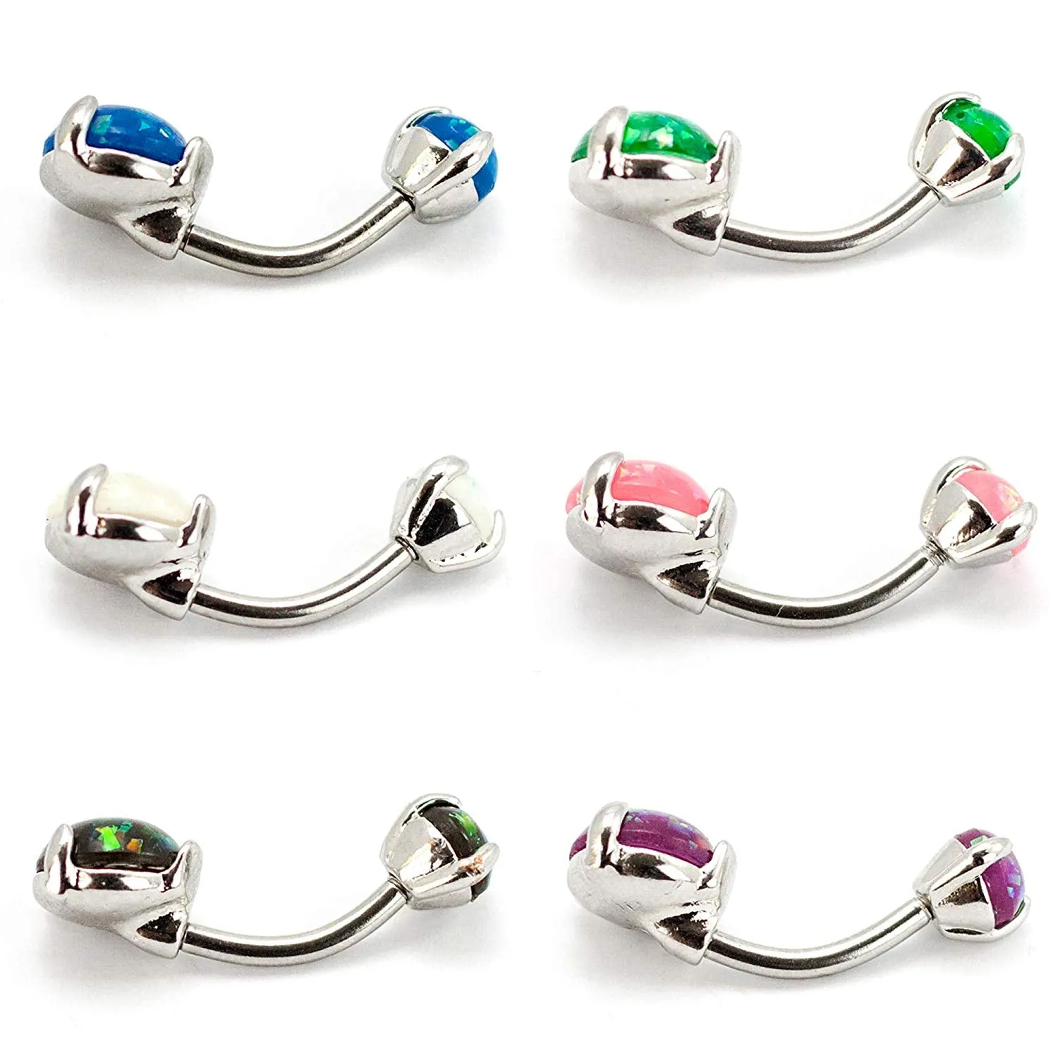 Silver Stainless Steel 6 Pcs 14G 11mm Belly Button Rings Synthetic Opal Stones Body Piercing Jewelry 7/16" Barbell