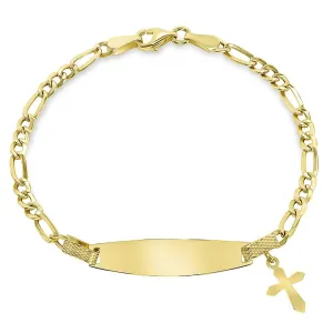 Solid 14k Yellow Gold Figaro Link Engravable Personalized ID Bracelet with Religious Cross Charm