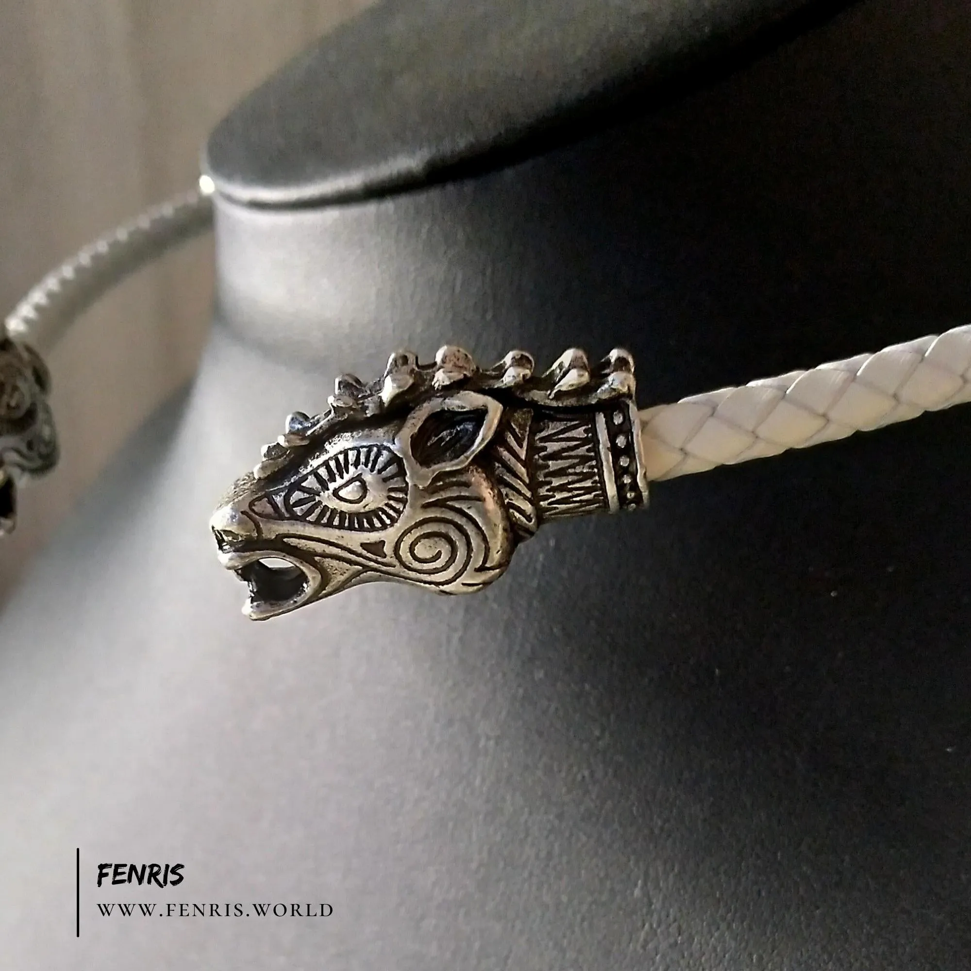 Stag Torc Necklace White Leather Wedding Silver - Fenris