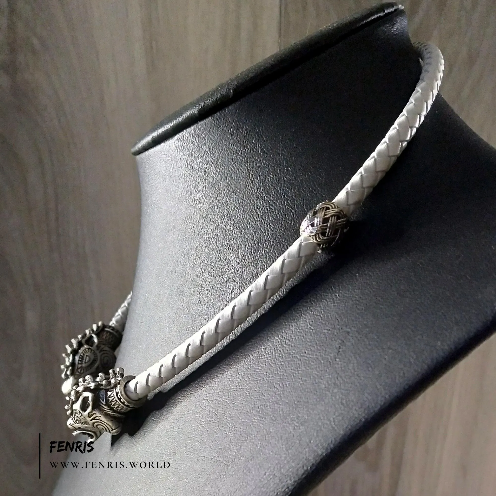 Stag Torc Necklace White Leather Wedding Silver - Fenris