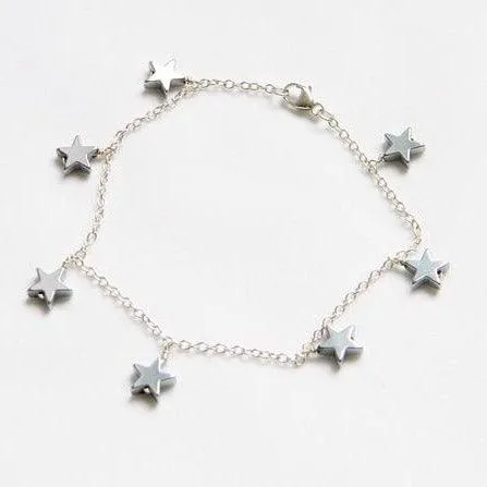 Star Bracelet - Silver Plated on Hematite Stars with Sterling Silver Chain