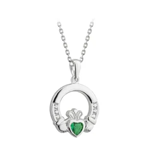 Sterling Silver Claddagh Emerald CZ Necklace