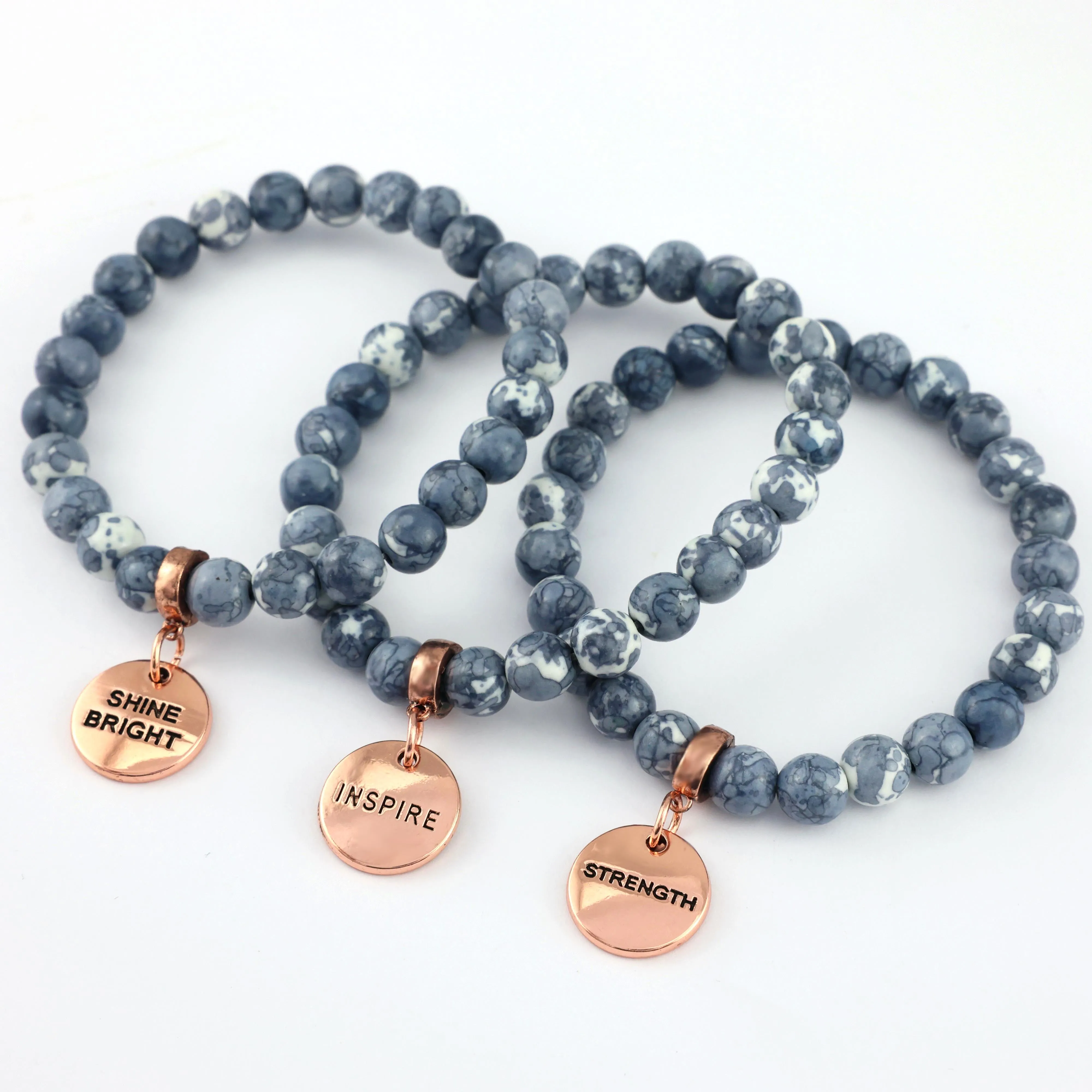 Stone Bracelet - Stormy Patch Agate Stone 8mm Beads - with Rose Gold Word Charms