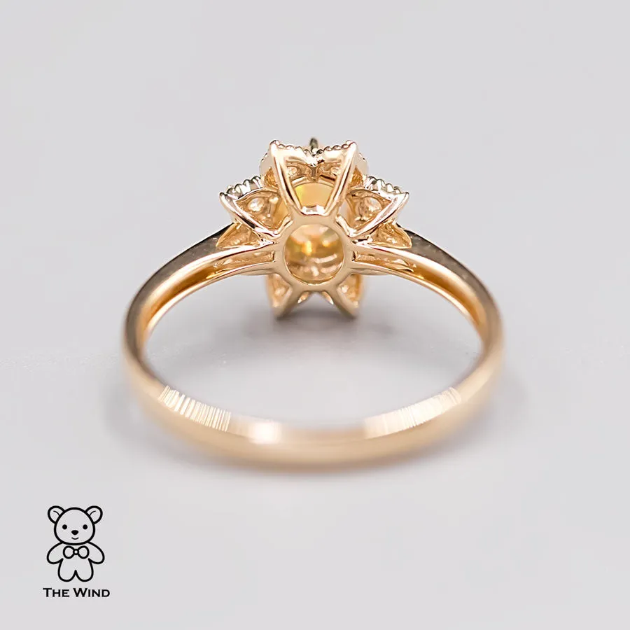 Sunflower Mexican Fire Opal Diamond Engagement Ring 18K Yellow Gold