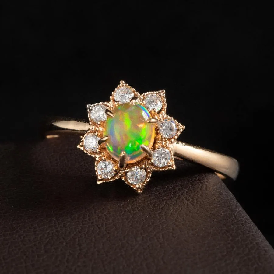 Sunflower Mexican Fire Opal Diamond Engagement Ring 18K Yellow Gold