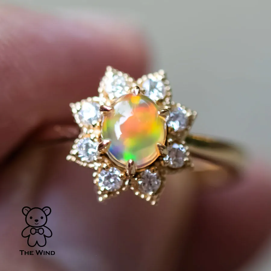 Sunflower Mexican Fire Opal Diamond Engagement Ring 18K Yellow Gold