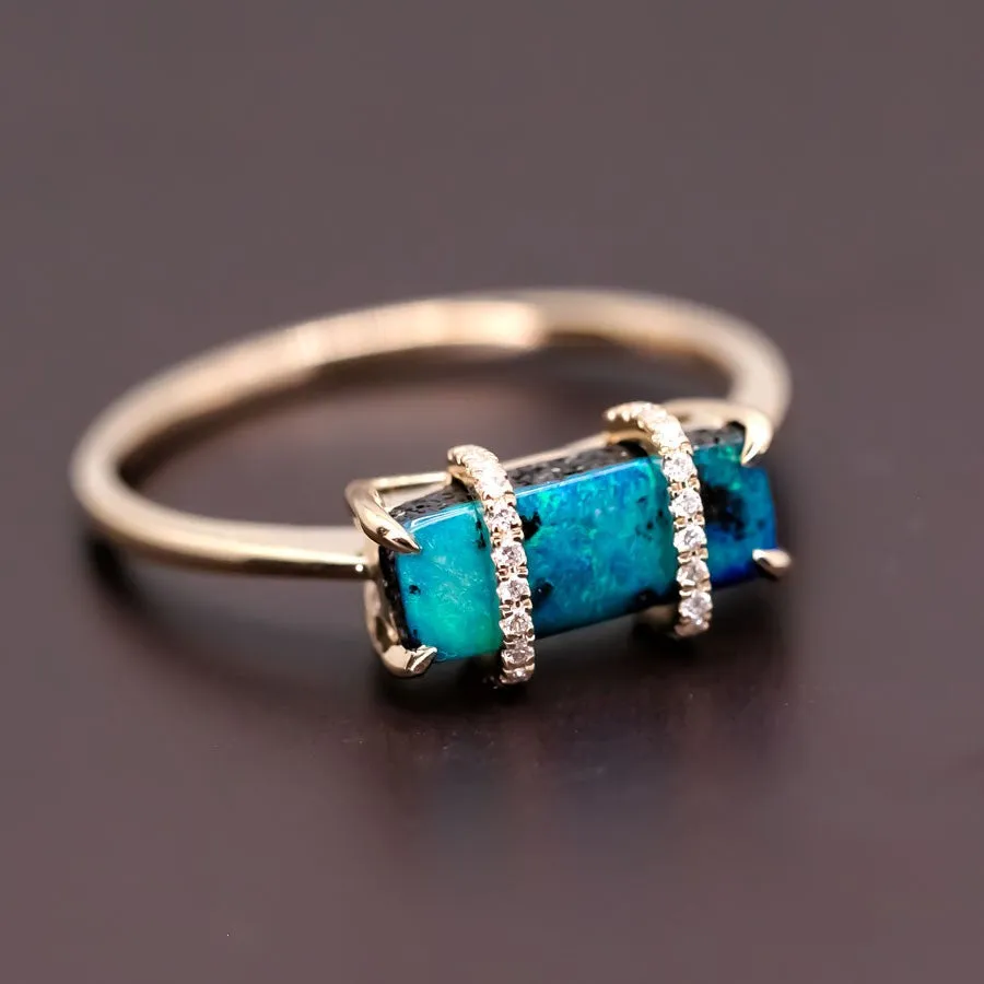 The Rectangle - Australian Boulder Opal & Diamond Engagement Ring 18K Gold