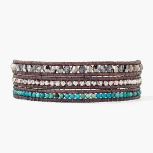 Turquoise Mix Three Wrap Bracelet On Natural Grey Leather