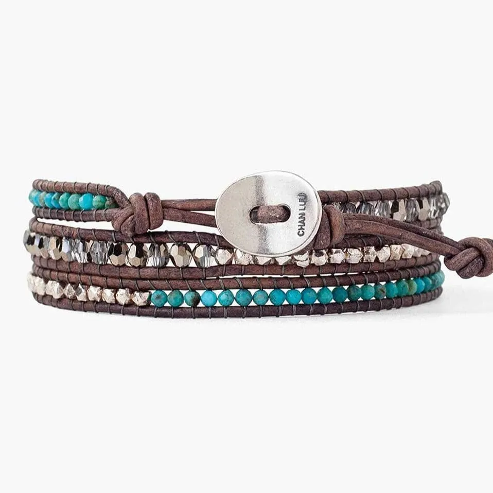 Turquoise Mix Three Wrap Bracelet On Natural Grey Leather