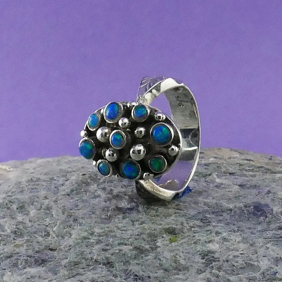 Unique Vintage Blue Opal Statement Ring 925 Oxidied Sterling Silver