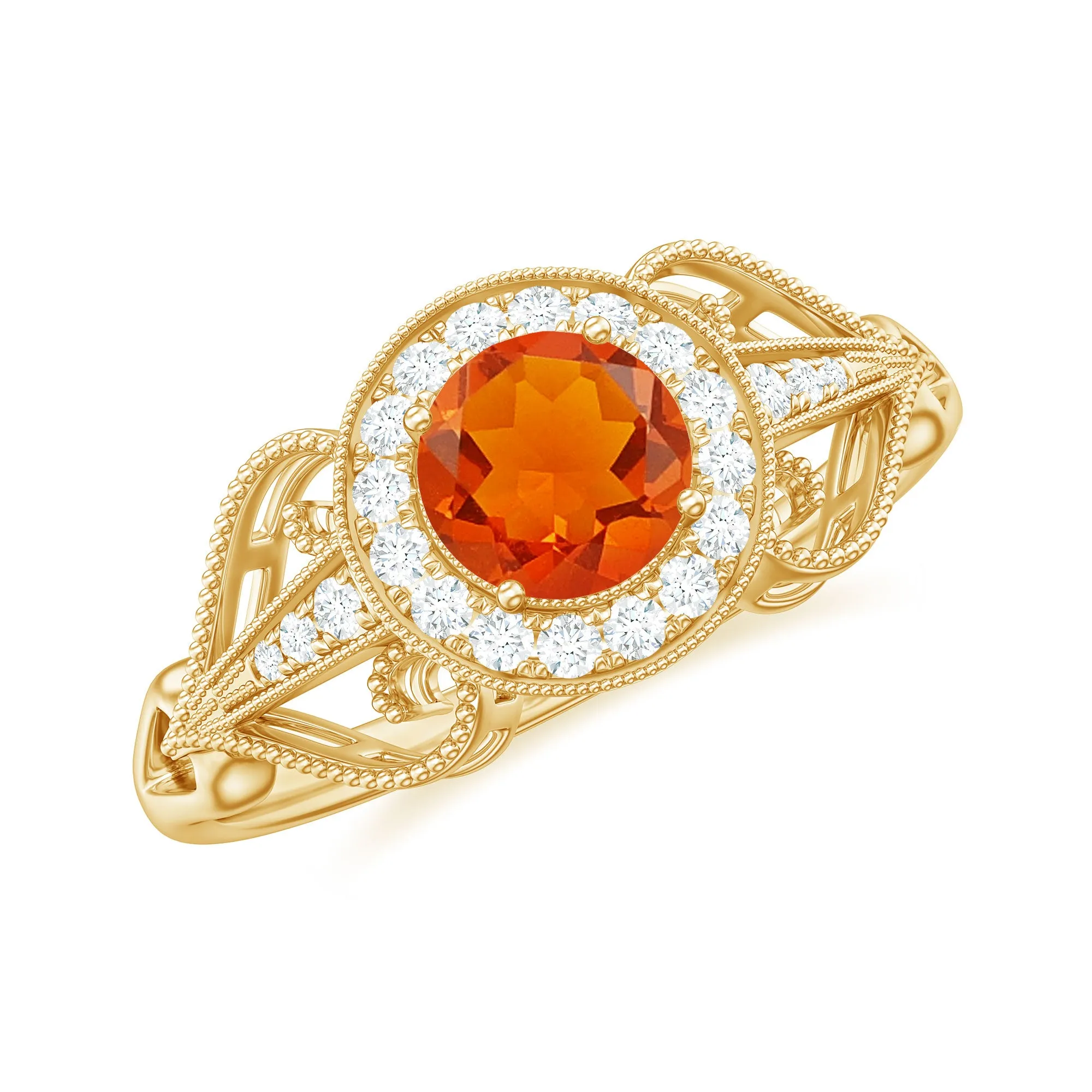 Vintage Fire Opal Diamond Engagement Ring with Beaded Detail